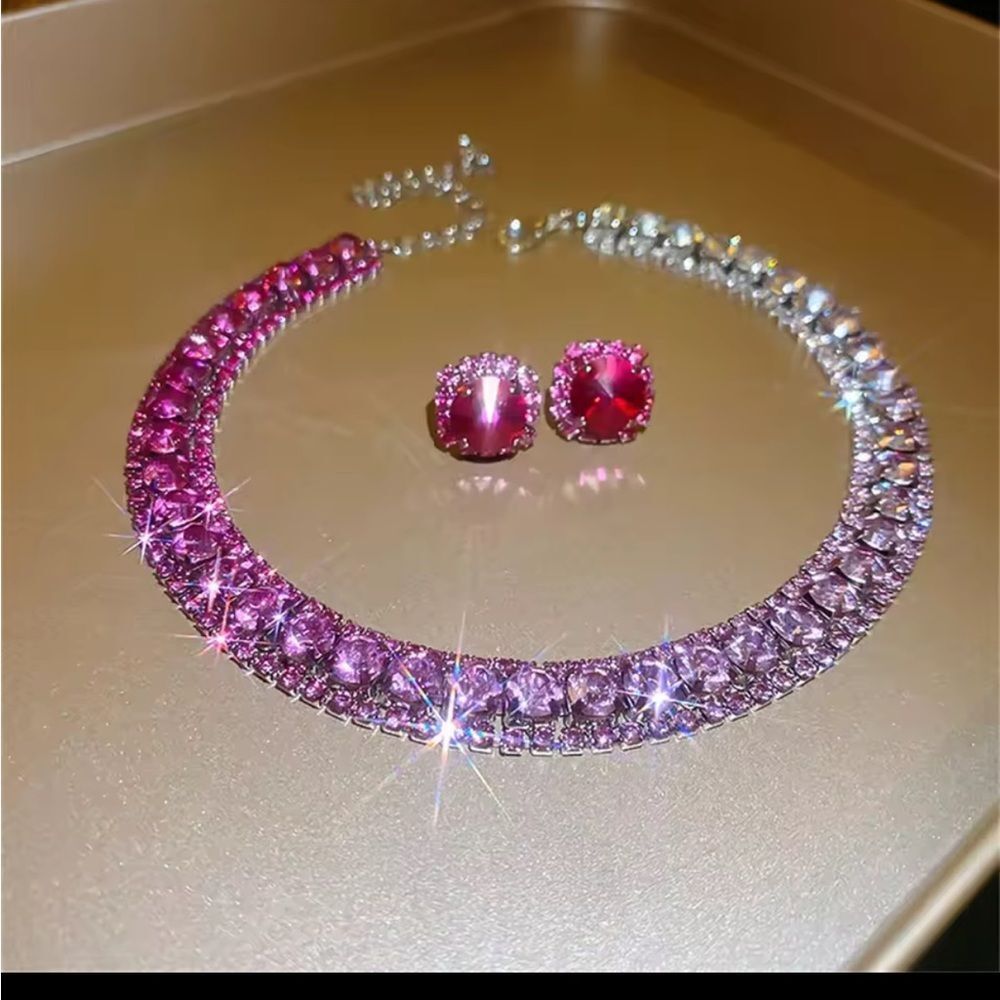 Elegant Pink and Silver Necklace and Earring Set NEW